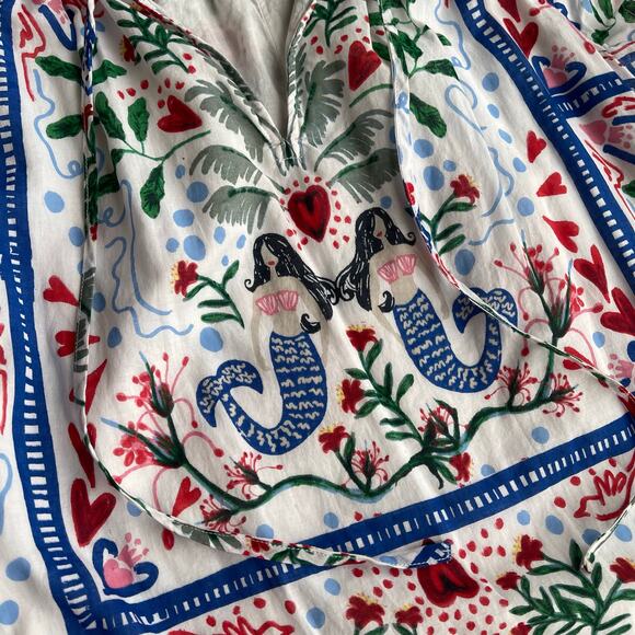 LOFT mermaid print dress seashell heart palm tree cotton midi maxi‎ tie waist XS - Picture 6 of 16